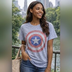 EUC Heathered Blue Graphic T-Shirt with Captian America Graphic Size S/M